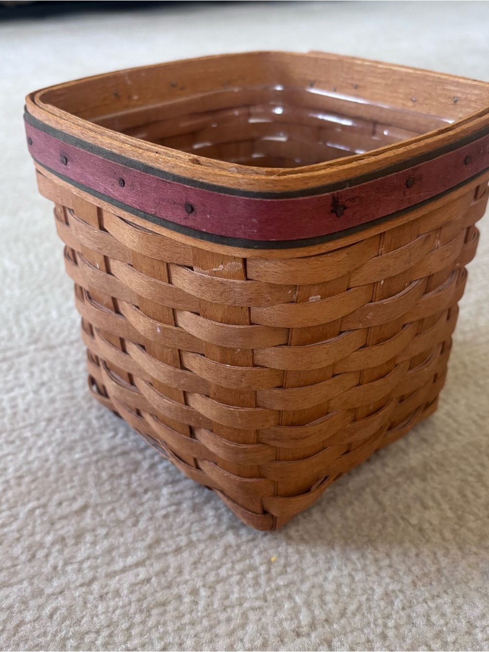 Longaberger Brown Woven Square Basket with Red Accent Trim